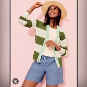 Talbots Tipped Pointelle Cardigan – Green & White Stripes – Size Medium